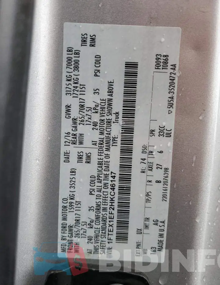 1FTEX1EF2HKC46147 Photo# 10
