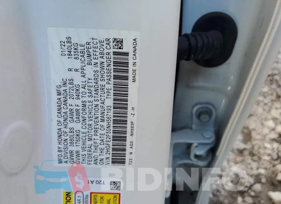 2HGFE2F50NH567193 Photo# 10
