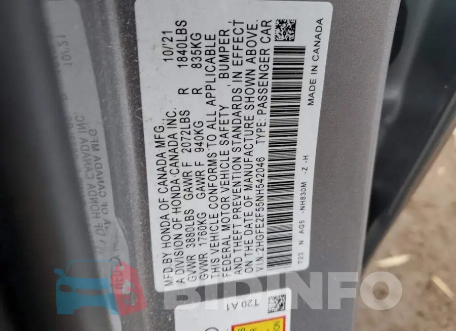 2HGFE2F55NH542046 Photo# 12