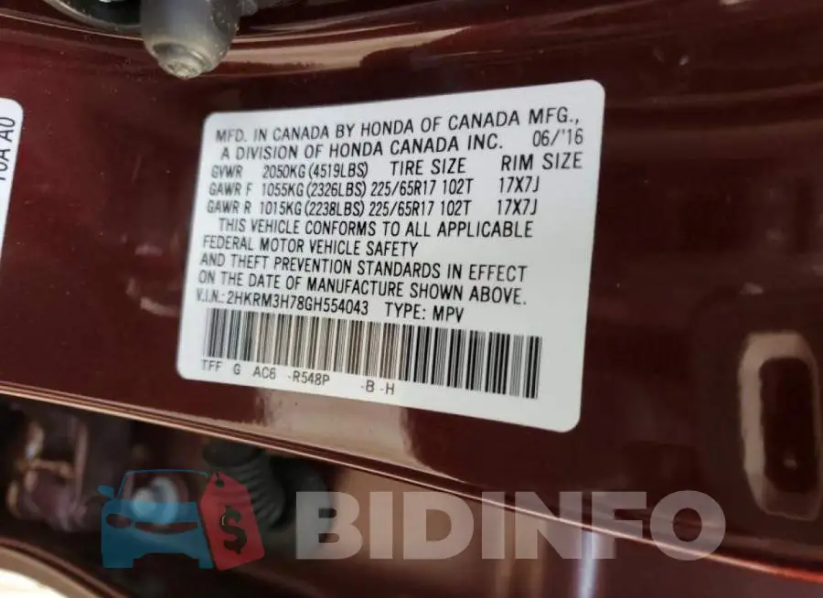 2HKRM3H78GH554043 Photo# 13