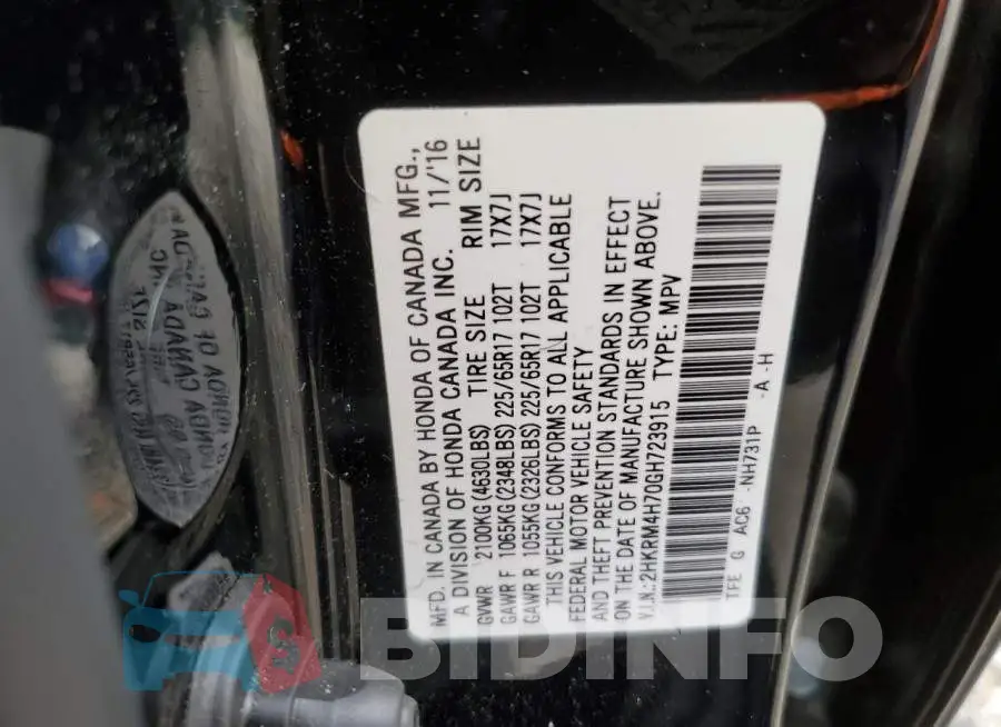 2HKRM4H70GH723915 Photo# 10