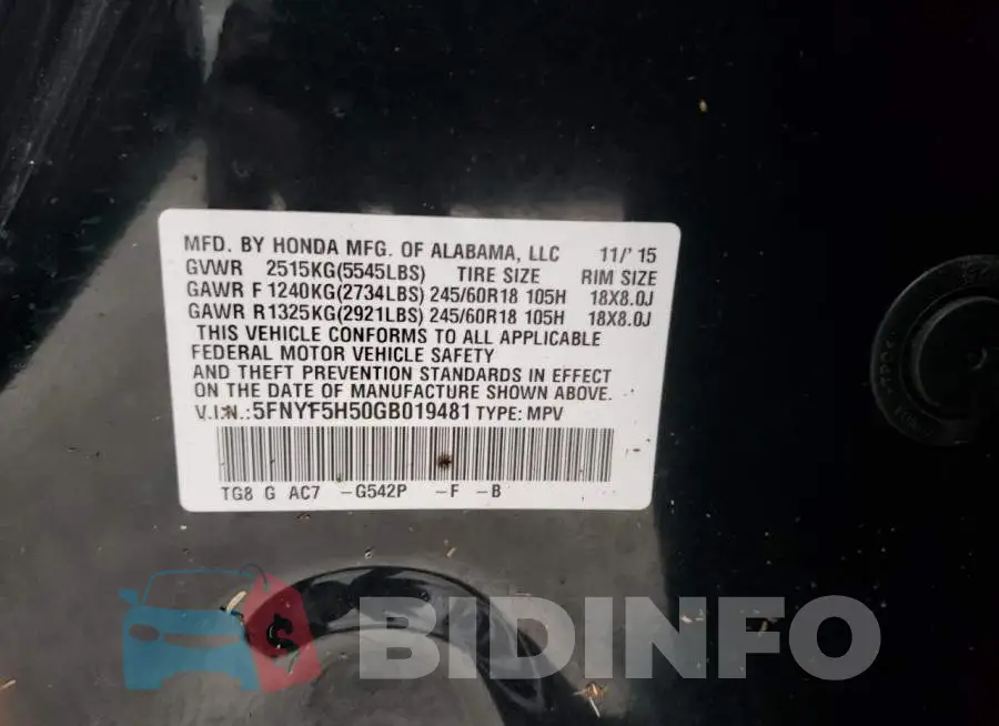 5FNYF5H50GB019481 Photo# 10
