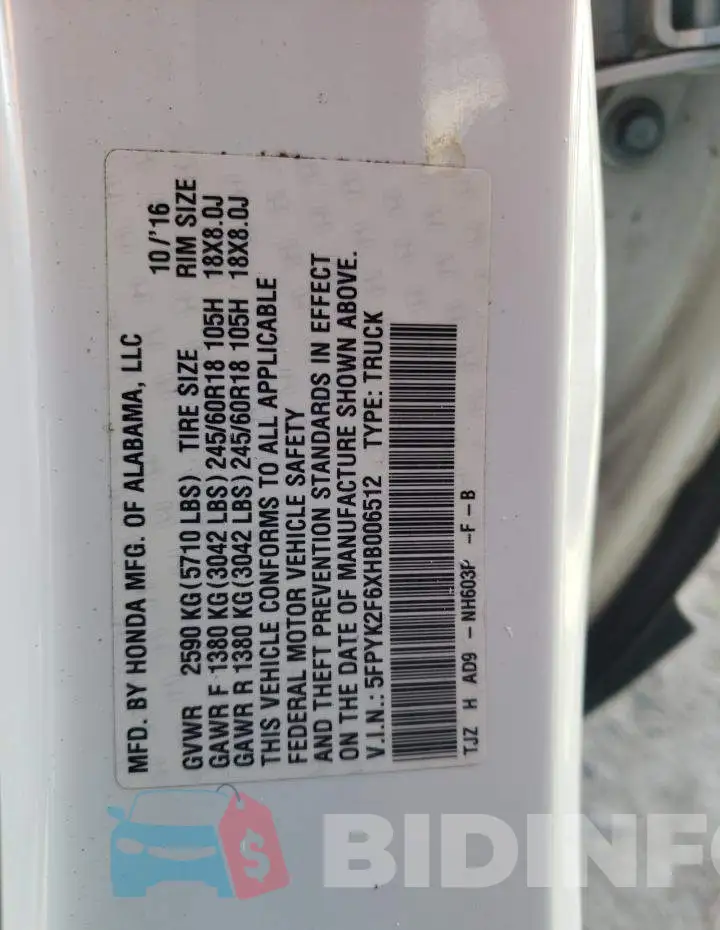5FPYK2F6XHB006512 Photo# 10