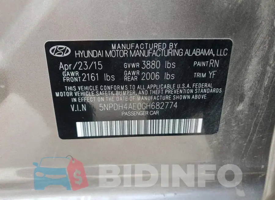 5NPDH4AE0GH682774 Photo# 10