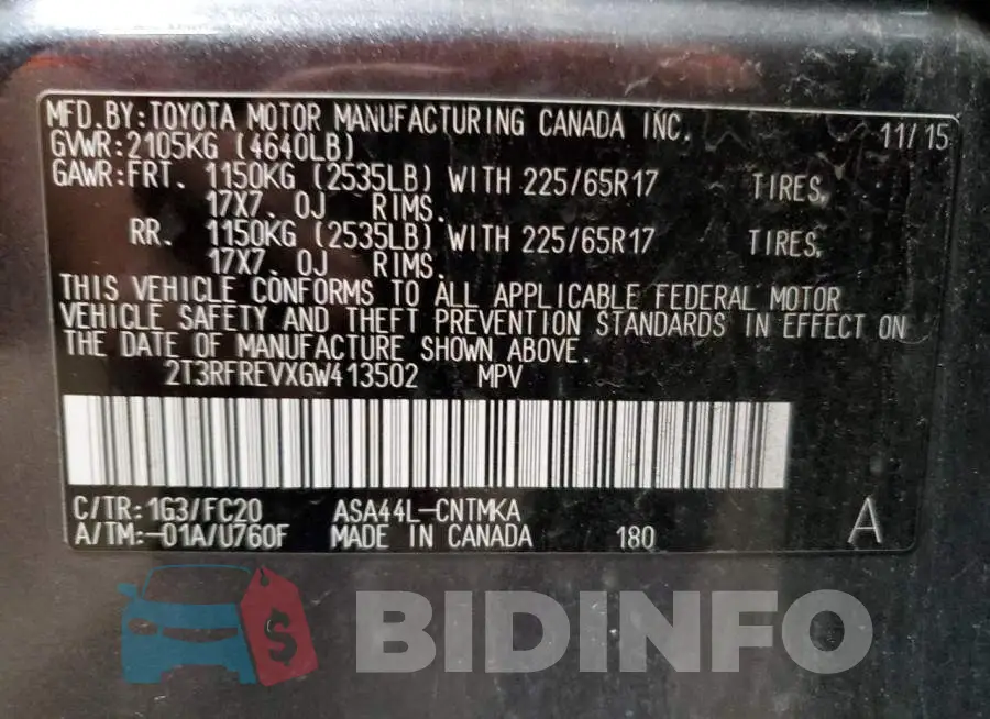 2T3RFREVXGW413502 Photo# 10