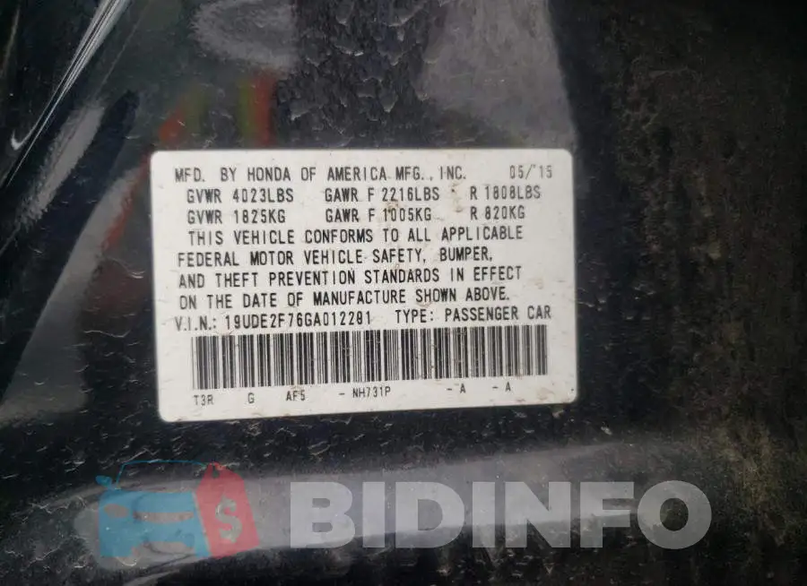 19UDE2F76GA012291 Photo# 10