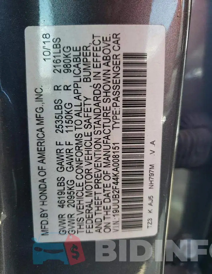 19UUB2F44KA008151 Photo# 10