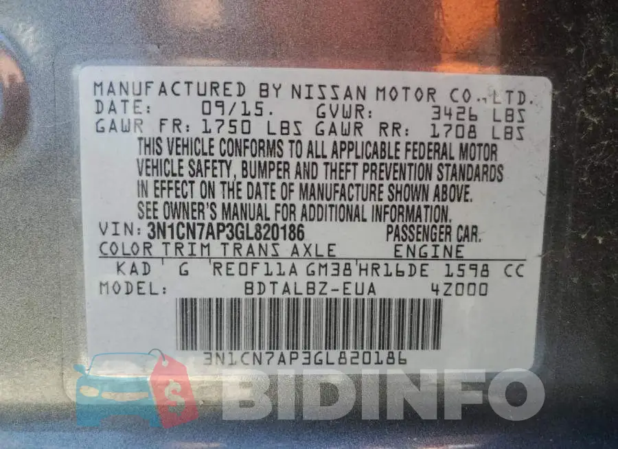 3N1CN7AP3GL820186 Photo# 10