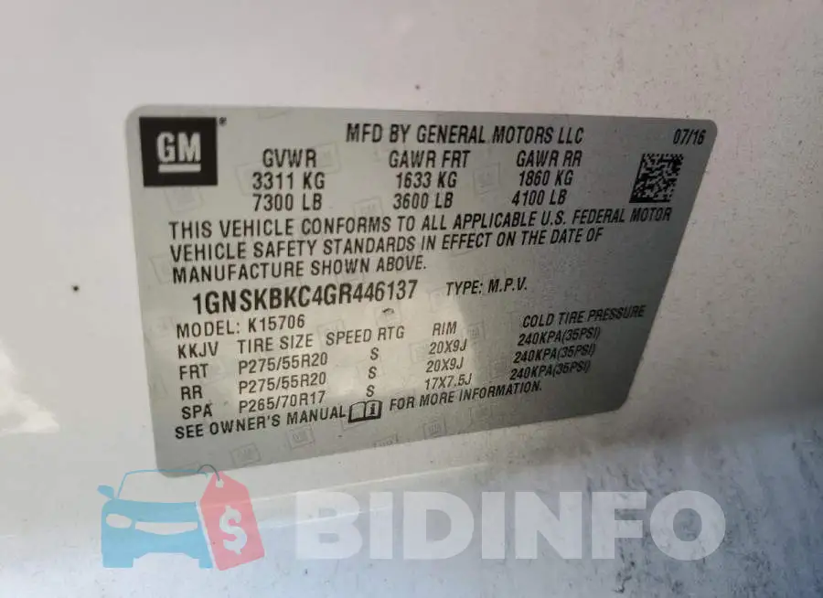 1GNSKBKC4GR446137 Photo# 10