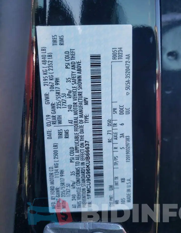 1FMCU9G96KUB66637 Photo# 12