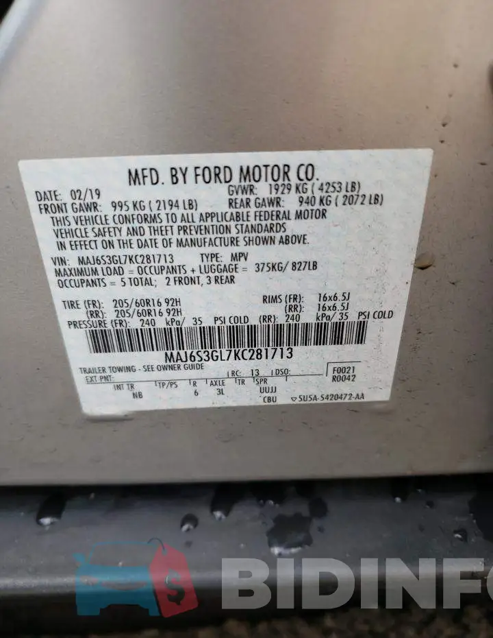 MAJ6S3GL7KC281713 Photo# 10