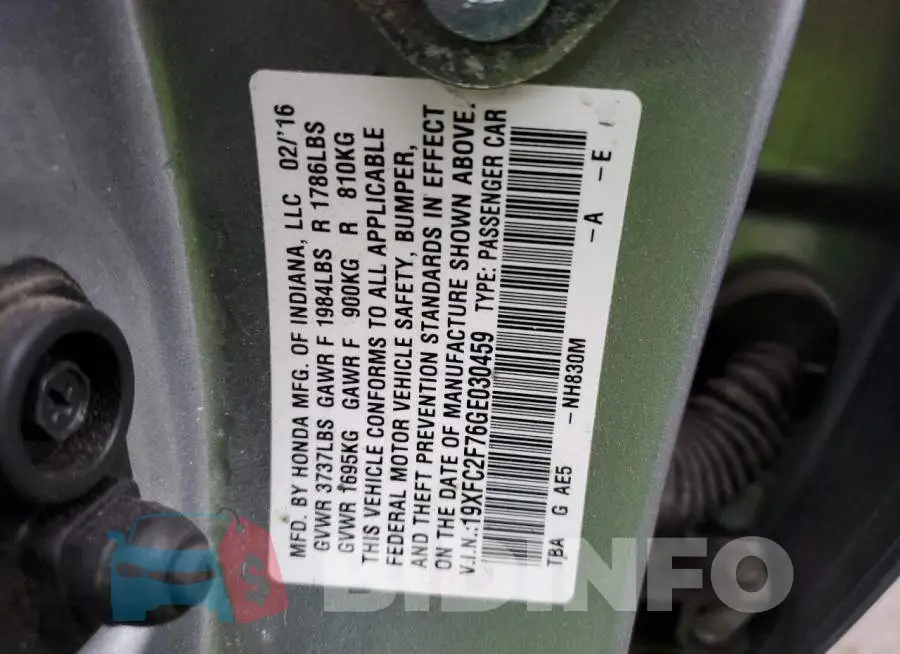 19XFC2F76GE030459 Photo# 10