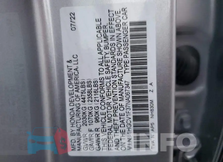 1HGCV1F37NA067347 Photo# 10