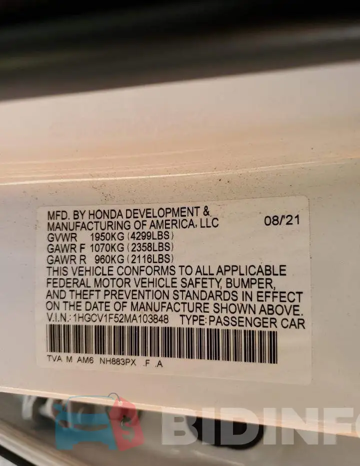 1HGCV1F52MA103848 Photo# 10