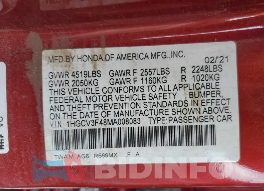 1HGCV3F48MA008083 Photo# 10