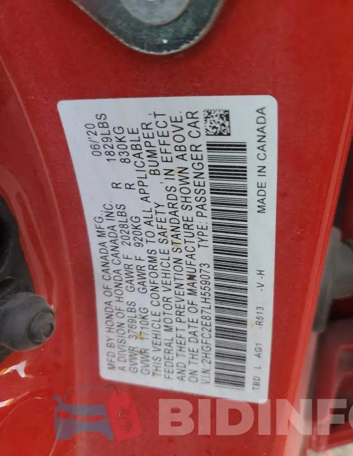 2HGFC2E87LH559073 Photo# 10