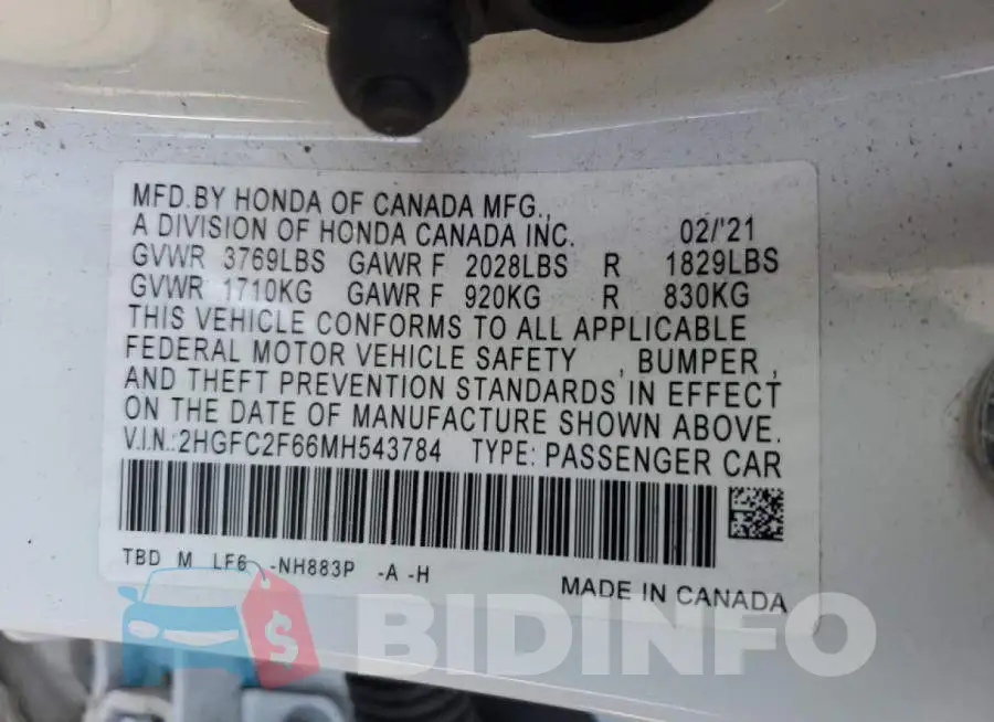 2HGFC2F66MH543784 Photo# 12