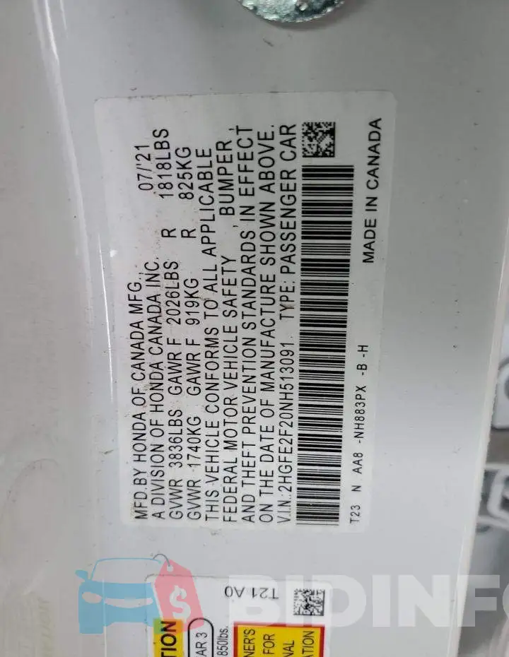 2HGFE2F20NH513091 Photo# 10