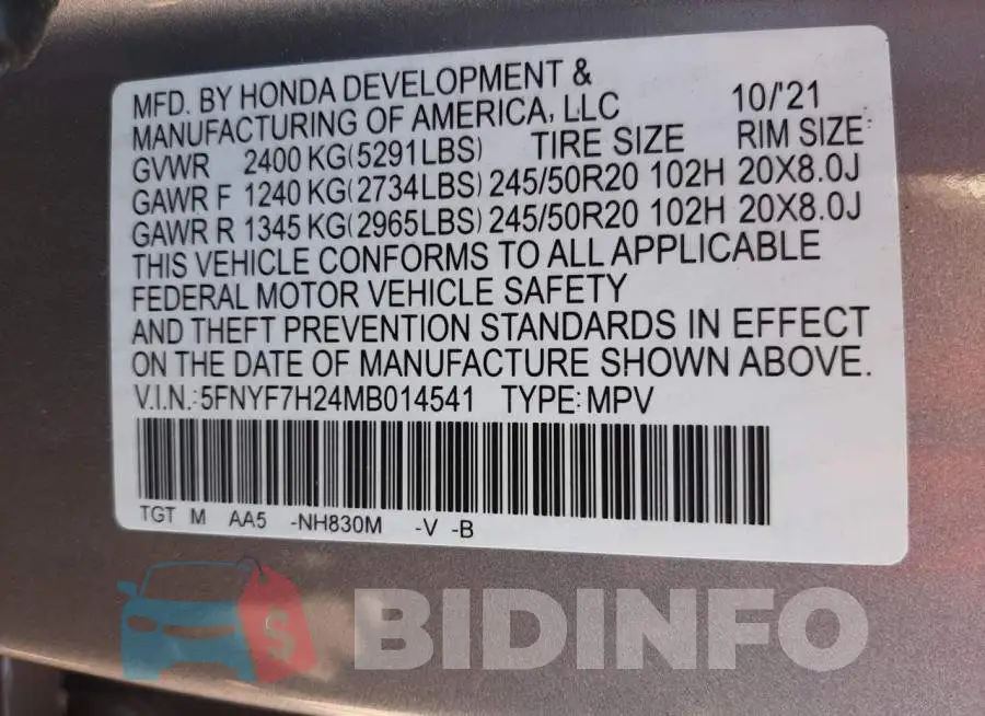 5FNYF7H24MB014541 Photo# 10