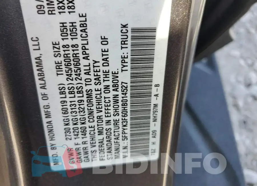 5FPYK3F60HB014527 Photo# 10