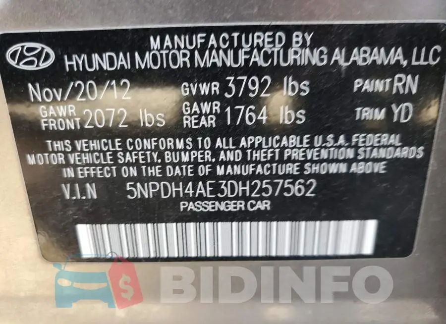 5NPDH4AE3DH257562 Photo# 10