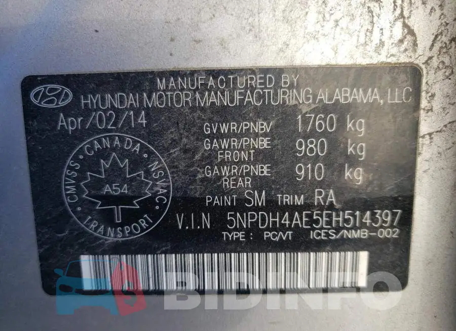 5NPDH4AE5EH514397 Photo# 10