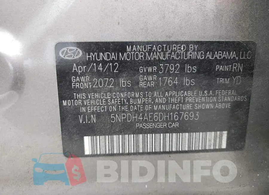 5NPDH4AE6DH167693 Photo# 10