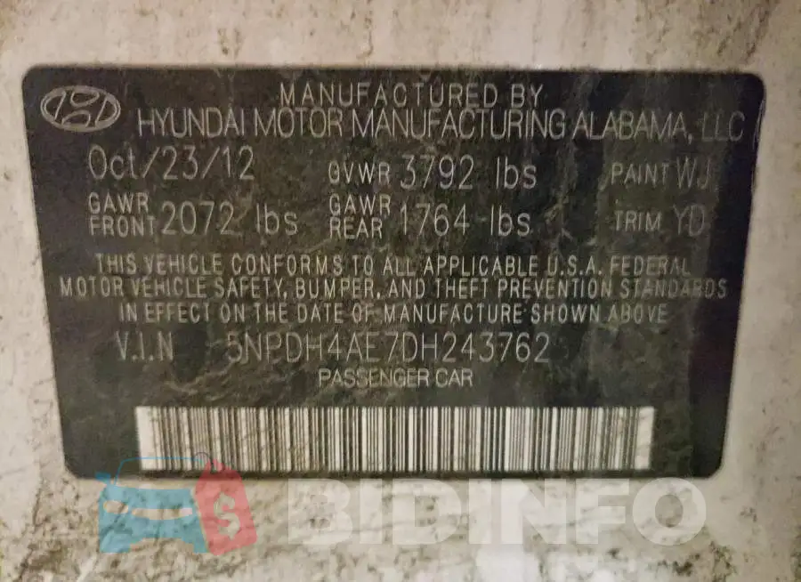 5NPDH4AE7DH243762 Photo# 12