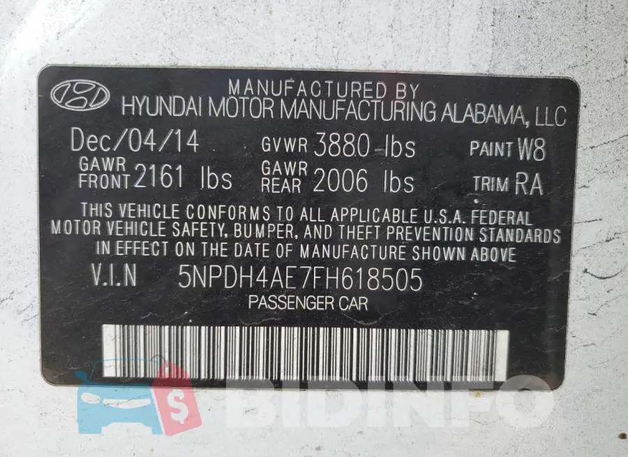 5NPDH4AE7FH618505 Photo# 10