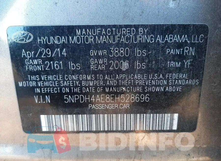 5NPDH4AE8EH528696 Photo# 10
