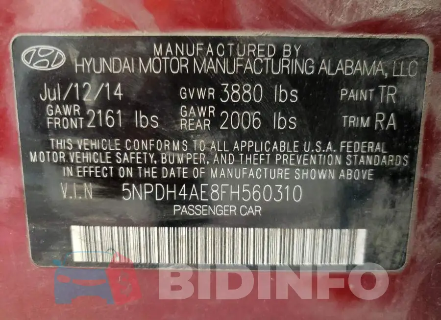 5NPDH4AE8FH560310 Photo# 12