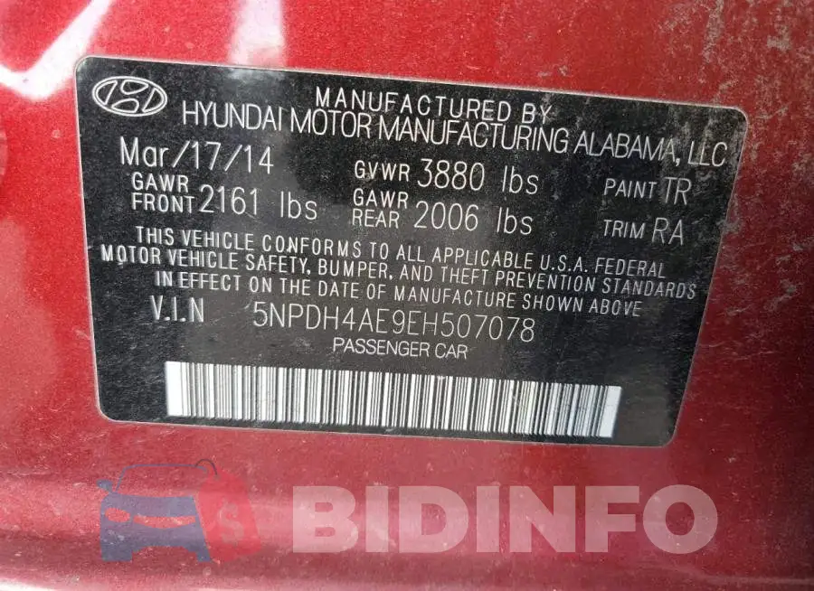 5NPDH4AE9EH507078 Photo# 10