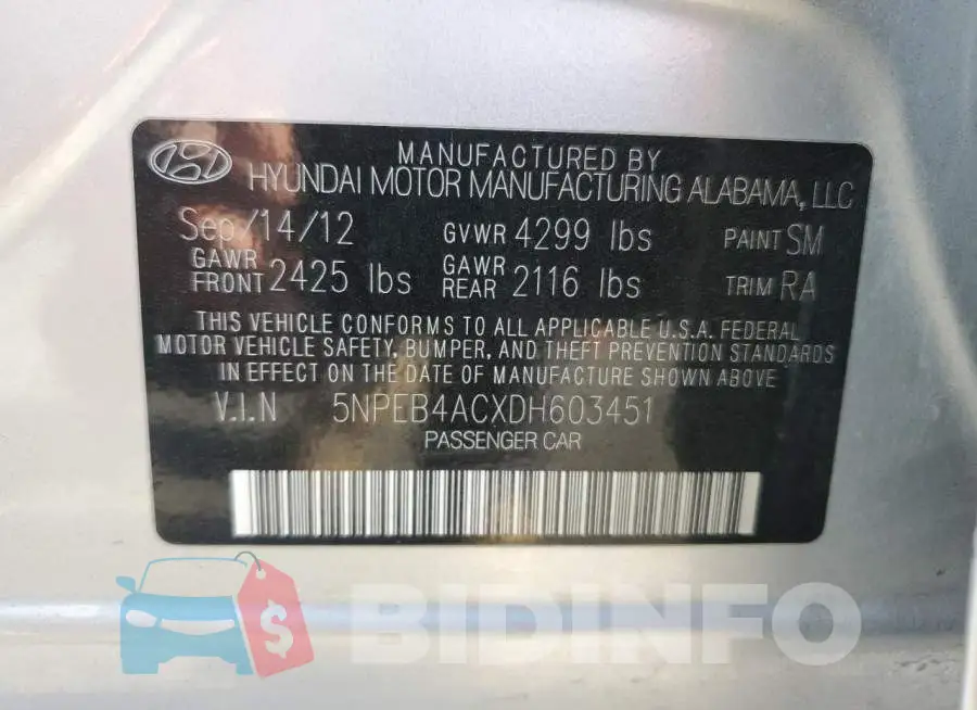 5NPEB4ACXDH603451 Photo# 10