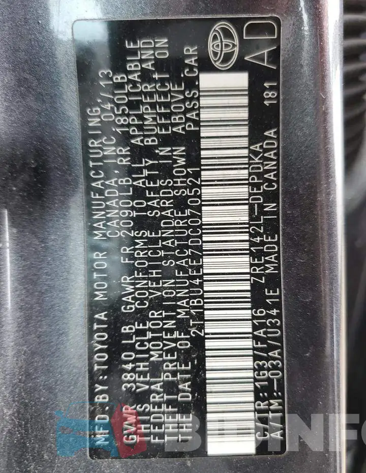 2T1BU4EE7DC070521 Photo# 10