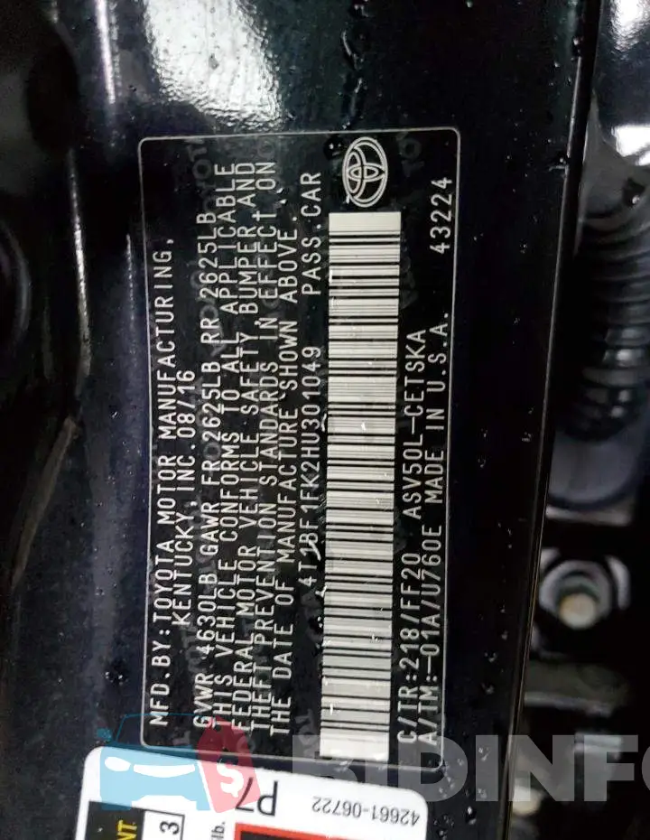 4T1BF1FK2HU301049 Photo# 12