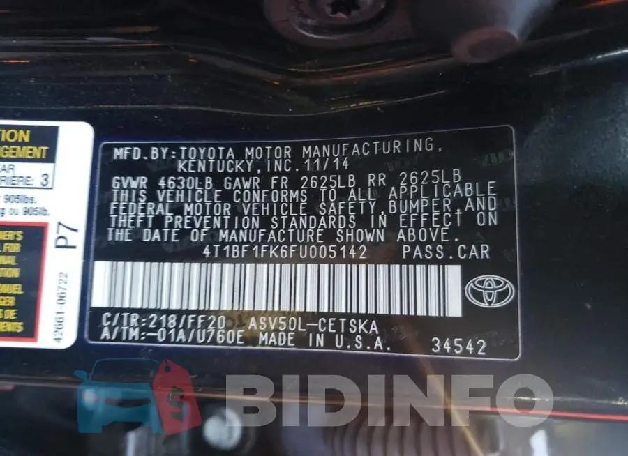 4T1BF1FK6FU005142 Photo# 12