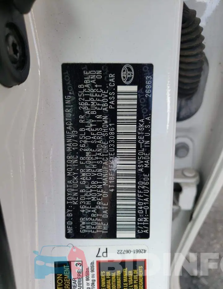 4T1BF1FKXEU330861 Photo# 10