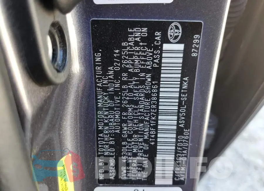 4T4BF1FK7ER386861 Photo# 10