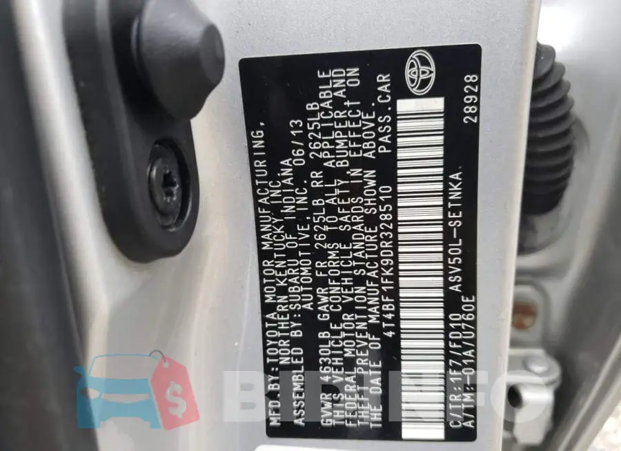 4T4BF1FK9DR328510 Photo# 10