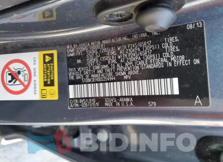 5TDBK3EH0DS254944 Photo# 14