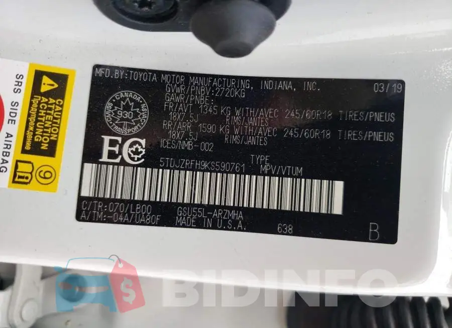5TDJZRFH9KS590761 Photo# 10