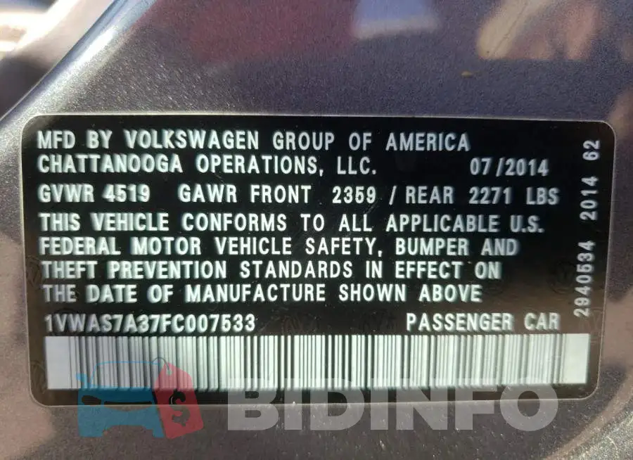 1VWAS7A37FC007533 Photo# 10