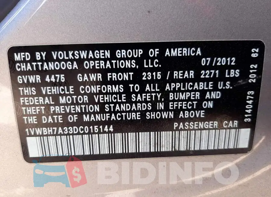 1VWBH7A33DC015144 Photo# 10