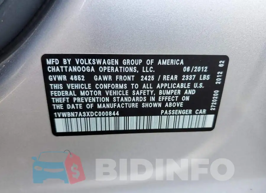 1VWBN7A3XDC000844 Photo# 12