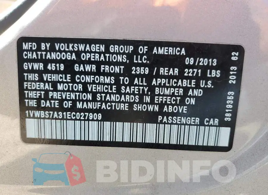 1VWBS7A31EC027909 Photo# 10