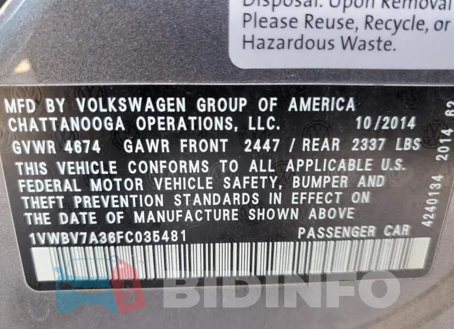 1VWBV7A36FC035481 Photo# 10