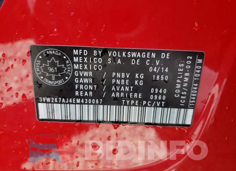 3VW2K7AJ4EM430067 Photo# 10