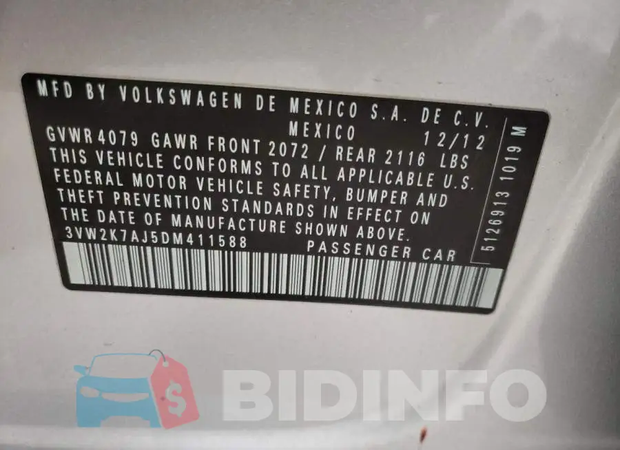 3VW2K7AJ5DM411588 Photo# 10