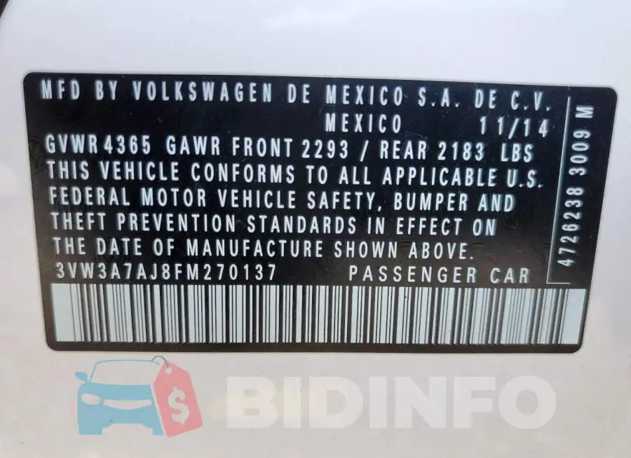 3VW3A7AJ8FM270137 Photo# 10