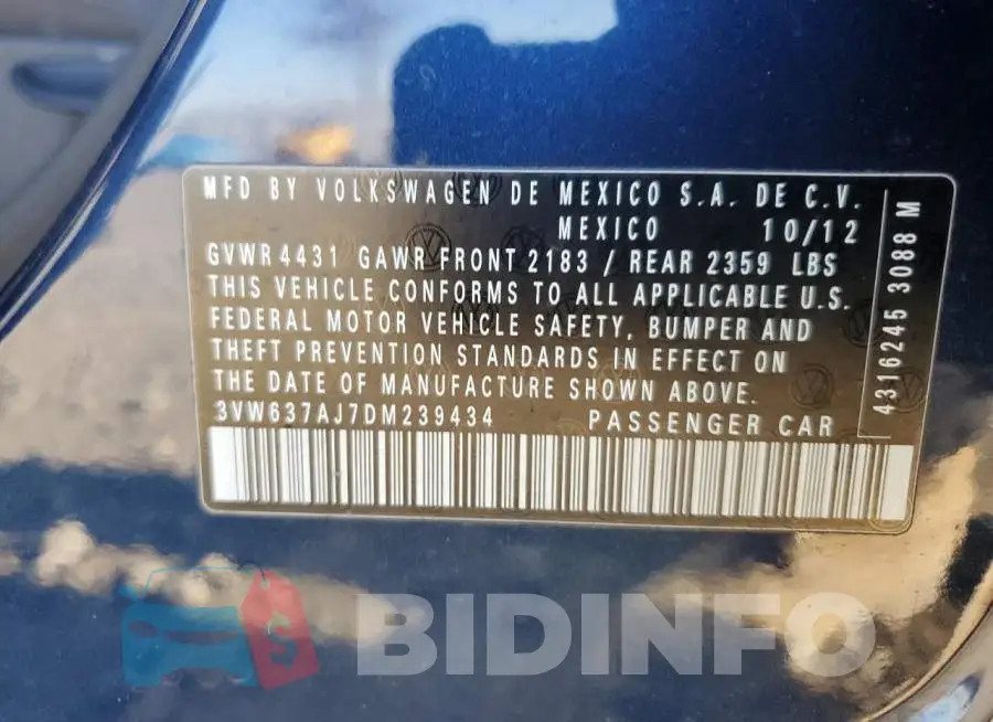 3VW637AJ7DM239434 Photo# 10